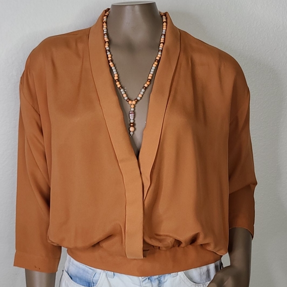 Forever 21 Tops - Forever 21 Top Size Medium 3/4 Sleeves Faux Wrap  Golden Brown Career Fall Cute